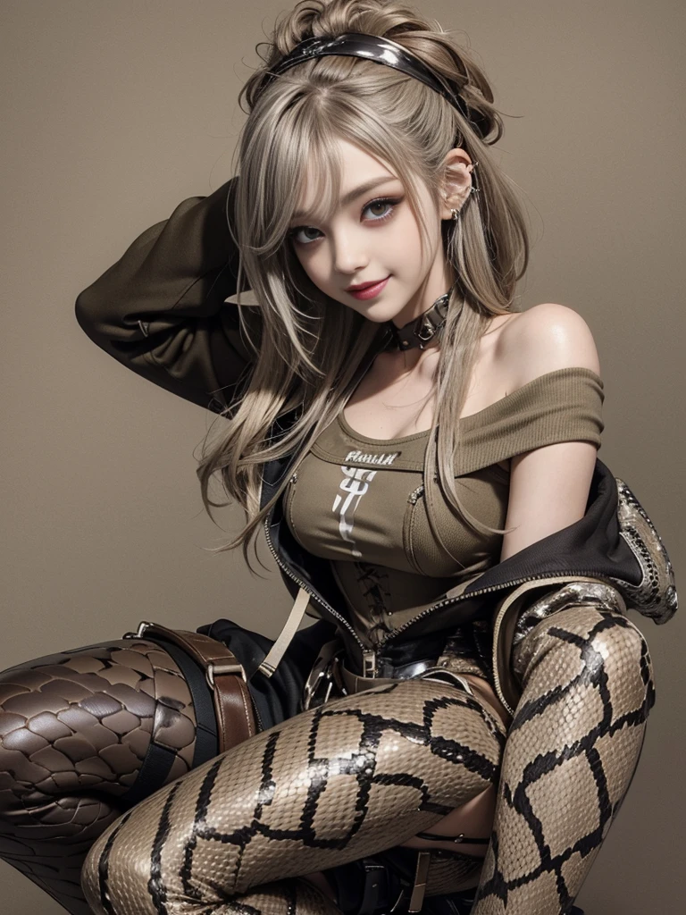 (Smiling with teeth showing:1.3),(Shibuya Gal:1.5)、(Beautiful:1.5)、(Neo-goth fashion:1.5)、(Punk RockVisual Kei:1.5)、(An off-the-shoulder hoodie in khaki and brown with delicate silver accessories.:1.5)、(A corset with a delicate beige and brown design:1.4)、(Dark grey, khaki and brown snakeskin bodysuit:1.5)、(Snake print headband:1.3)、(Beige and charcoal knee socks:1.4)、Embellished collar and long boots、(I'm selling snake print underwear.:1.4)、(Long eyelashes:1.3)、(Age 25)、((Highest quality、8k、masterpiece:1.3))、1 Female、Slim and beautiful abs:1.3、(hairstyle casual、Beautiful boobs:1.1)、(Doing an aerobics pose:1.3)、dress:1.1、Super small face、Narrow eyes、double eyelid、A sloppy smile、Esbian all over、Dynamic Angle、Close-up、CPL Filter、Blurred Background、Bokeh、Blue Hour、Detailed face and skin texture、Detailed eyes、,(Twin tails:1.3)、(Brown-golden hair:1.3)、Gravure idol、(The background is a glamorous dance hall:1.3)、(Make your legs thinner:1.4)、(Slim body:1.3)、(clavicle:1.1)