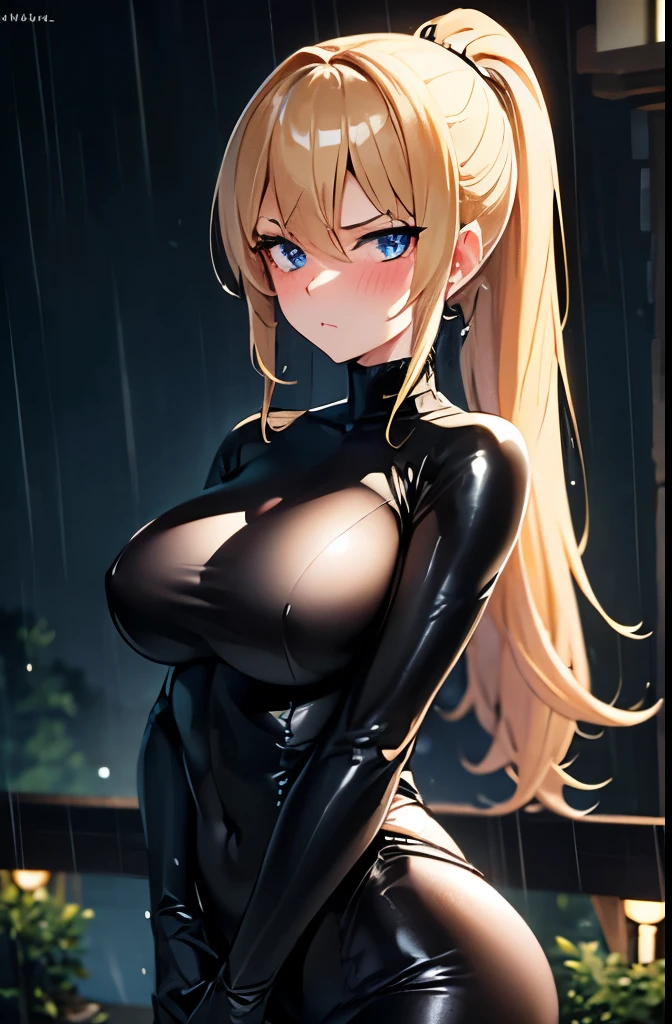 Blonde,ponytail,Black tight suit,blue eyes,Large Breasts,Slender,Serious face,blush,rain,lamp,forest,night,