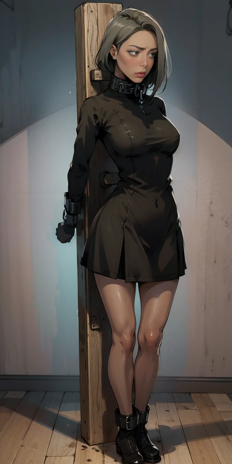 (Masterpiece, best quality, intricate details, 1sologirl) iron collar, arms behind back, iron cuffs, shackles, bound ((standing by wooden pole:1.2)) looking from above happy closed mouth