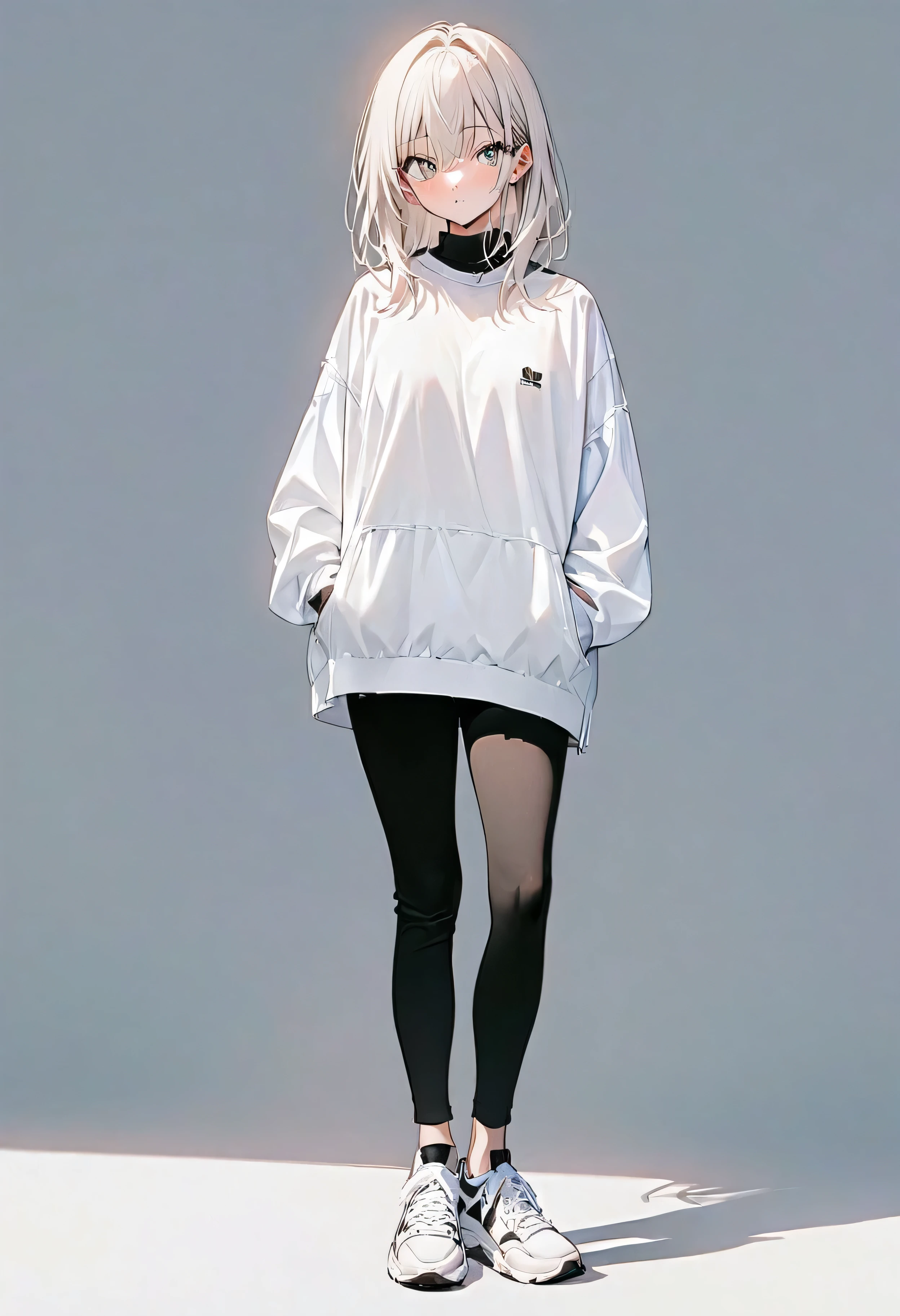 (masterpiece、Highest quality:1.2、8K)、Centered、whole body、1 girl、Minimal＆Simple Fashion、Simple Sneakers、Simple Background、Pure white background、Eyes open、20-year-old