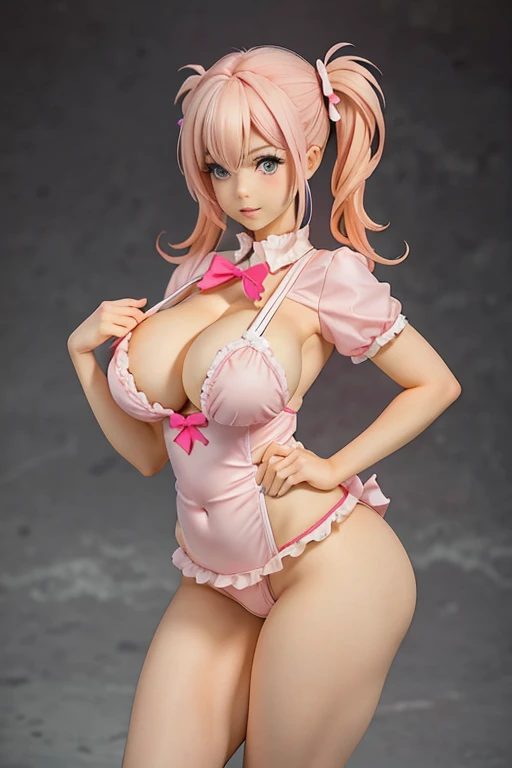 figuré of Adult Woman, Adult, with Blonde Pigtails with big pink hair bows, wearing a very short pink nurse costume that is skintight, huge , Lots of cleavage,curvy, thigh highs, Curvy, Bar, Pink Aesthetic, Pink Bow In her Hair. luminous. 4k. Sexual revealing. Alluring pose. Casting heart's from her hands