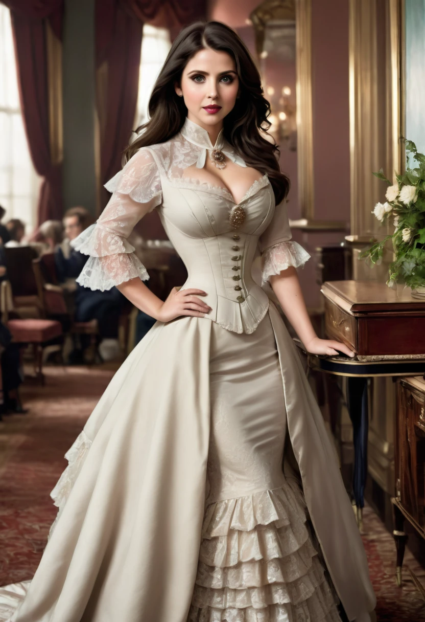 A beautiful Aristacrat woman with large elegant, hawk-like-nose, who embodies old fashioned class, sophistication, elgance as well as wholesome, natural beauty. curvy, thin-waist, wide-hips, swaying-hips. ALison Brie, Scarlett Johanson, Selena Gomez. Oppulent historically accurate victorian dress. undershoulder dress hemmed is fluffy animal fur.