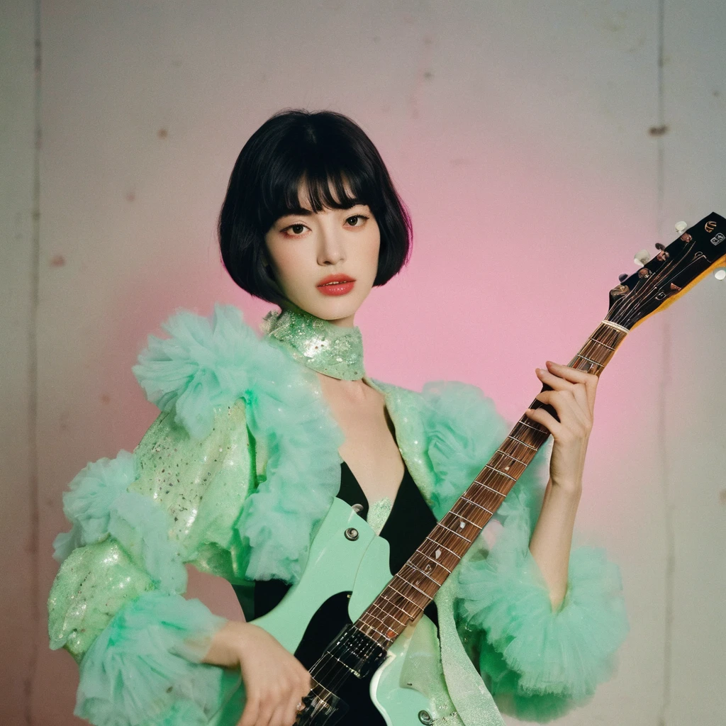 a candid photo portrait of an eccentric kawaii black bangs Korean woman, retro-futuristic, still from the film, ((solo)), (Anne Hathaway look alike face: 0.9), playing guitar on stage, looking at camera :: a pastel galaxy universum with stars and nebulas, pink futuristic haute couture , pastel green and pink colors, vintage, Leica SL3, Summicron-SL 75 f/2 ASPH, kodak gold 200 film, bare shoulder, dynamic action pose,