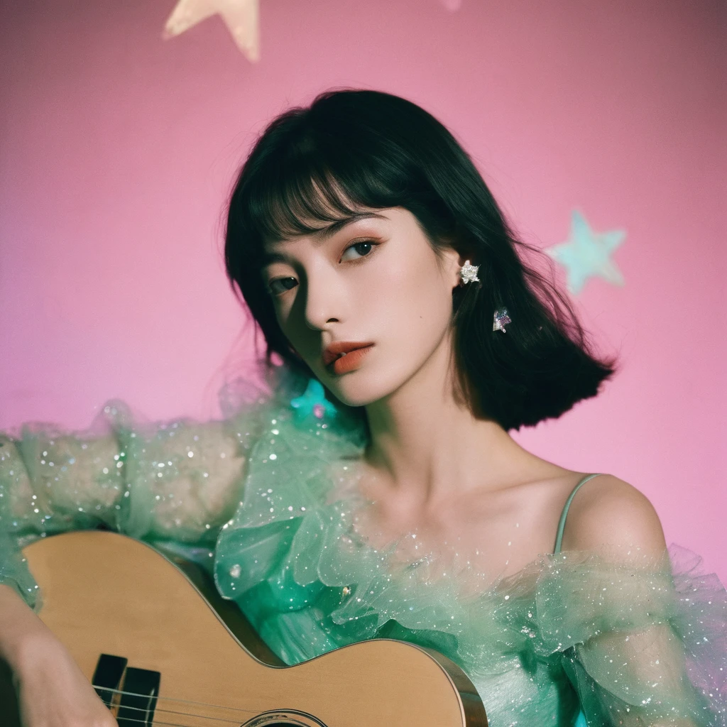 a candid photo portrait of an eccentric kawaii black bangs Korean woman, retro-futuristic, still from the film, ((solo)), (Anne Hathaway look alike face: 0.9), playing guitar on stage, looking at camera :: a pastel galaxy universum with stars and nebulas, pink futuristic haute couture , pastel green and pink colors, vintage, Leica SL3, Summicron-SL 75 f/2 ASPH, kodak gold 200 film, bare shoulder, dynamic action pose,