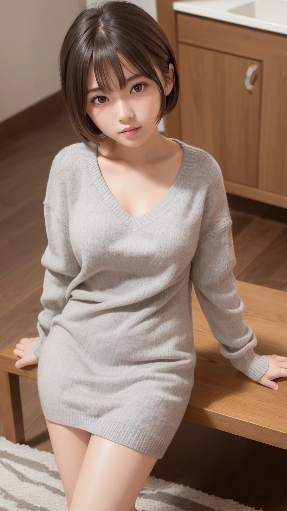 High resolution, high quality, 完璧なダイナミックな構shape, ((Light grey knit dress)), (Light brown super shiny pantyhose), Beautiful Eyes, short hair, Natural color lip, 20-year-old girl, 1 person, Clear Skin, Shiny Hair, Tabletop, 最high quality, shape, Very detailed, finely, High resolution, 8K, The correct state of the human body, Random cute poses, Beautiful legs, Perfect beautiful face, Idol's face,Ecstatic expression, Background Blur, Dressed as a female model'fashion magazine, whole body, High heels