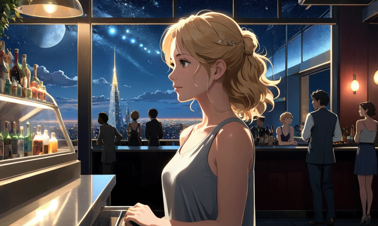 Uses Makoto Shinkai'The depiction is perfect,Julia Roberts portrait,8k 4k masterpiece photo ,Milan,Glass ceiling jazz bar,I can see the twinkling stars through the glass window.,that'Outside in the dark night,Jazz is playing,profile,The protagonist is standing on the left side of the screen.,Beautiful profile,Blonde,Semi-long hair,Look in a different direction,Standing alone at the counter,Silver grey tank top dress,Bust is medium large