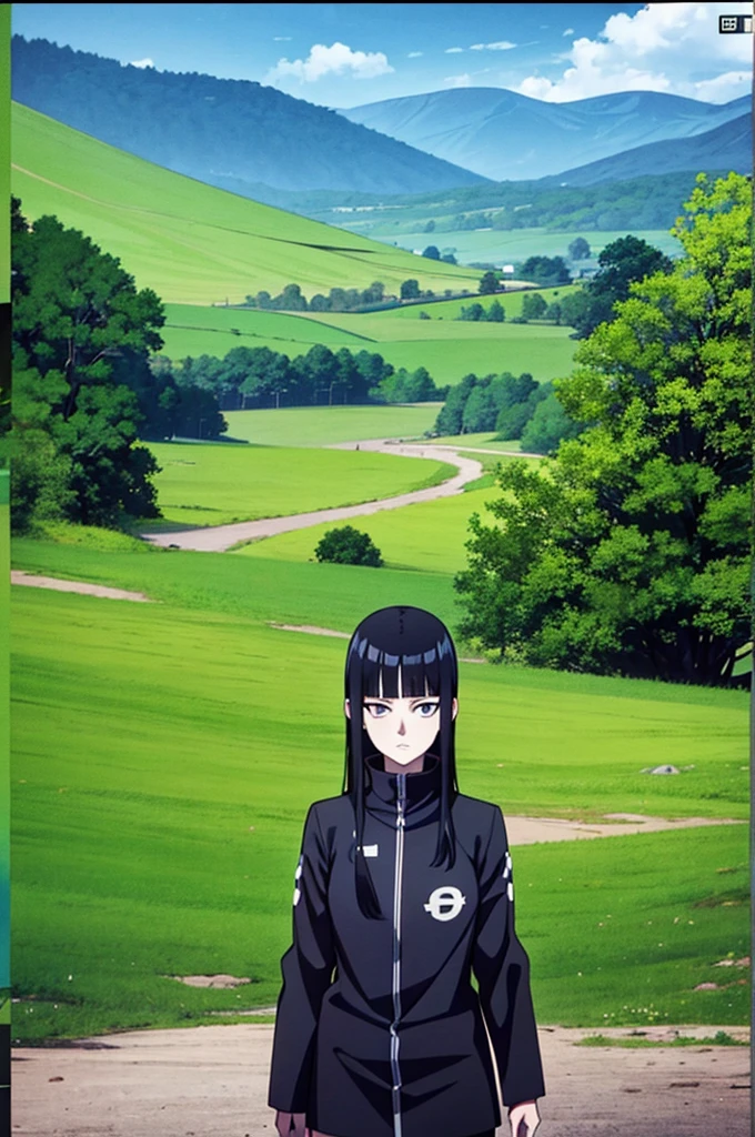 jujutsu kaisen screenshot of a woman with long straight black hair, with straight bangs, with slanted and small blue eyes, a beautiful landscape behind her, MAP, season 2, and with the jujutsu kaisen uniform