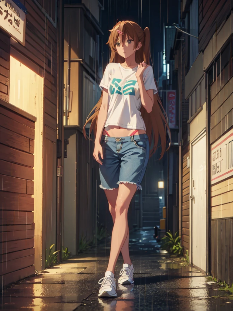 Girl, thong ,t-shirt, Bare breasts, chest visible, street background, Narrow passage between houses, night, rain, slim body, In full growth, Sneakers , small breast