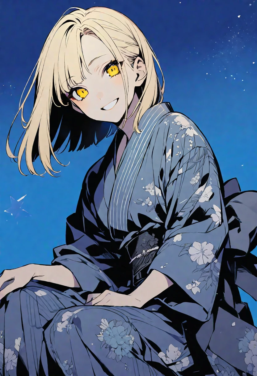 solo,handsome, monotone,
1. Female,
,Straight Hair,short Hair,, blonde hair,
Kazuka Nakano ,
yellow eyes,Soft look,beautiful,beautiful,Lolita,Darkness,
smile,skin, yukata,
,Star,night sky,
simple background ,
Blue background,