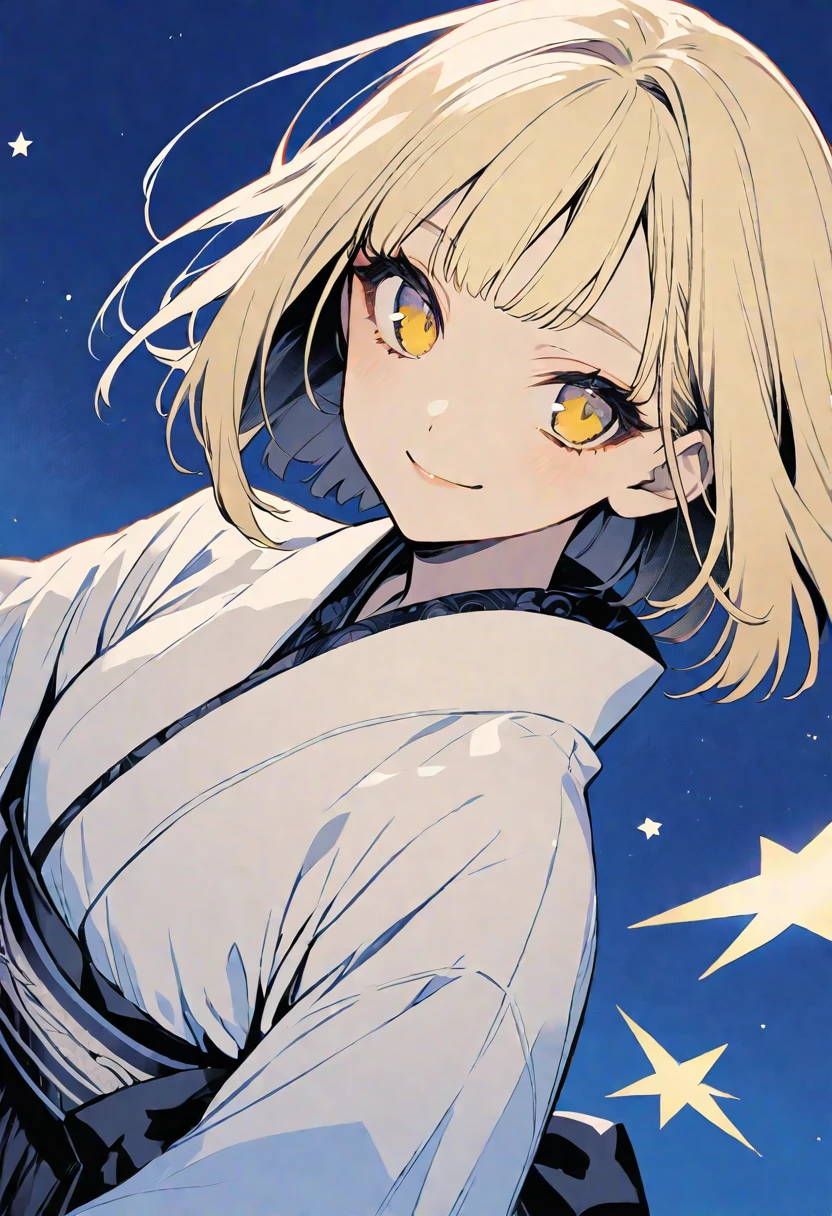 solo,handsome, monotone,
1. Female,
,Straight Hair,short Hair,, blonde hair,
Kazuka Nakano ,
yellow eyes,Soft look,beautiful,beautiful,ta,Darkness,
smile,skin, yukata,
,Star,night sky,
simple background ,
Blue background,