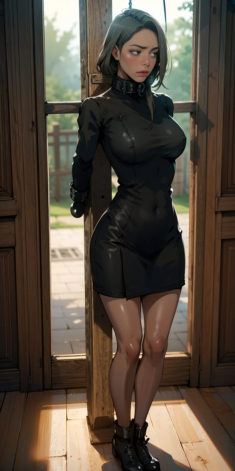 (Masterpiece, best quality, intricate details, 1sologirl) iron collar, arms behind back, iron cuffs, shackles, bound ((standing by wooden pole:1.2)) looking from above happy closed mouth