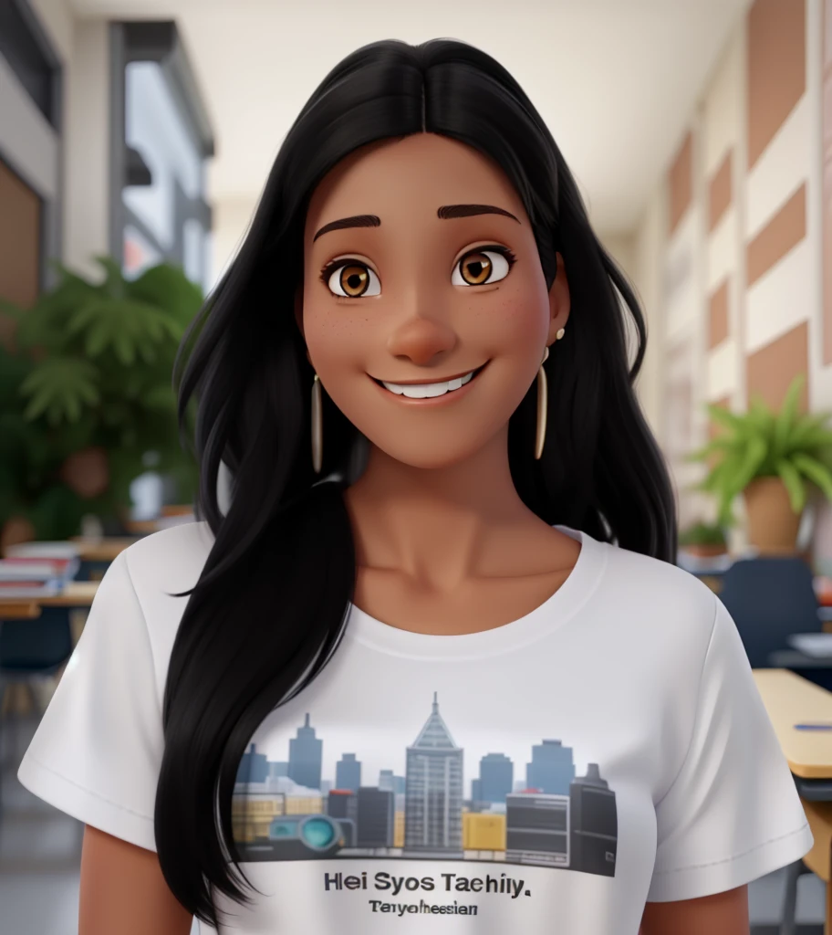 Caucasian female, slim black medium hair, friendly and lively, Grinning. she's a teacher, with white t-shirt and jeans. she is in a classroom