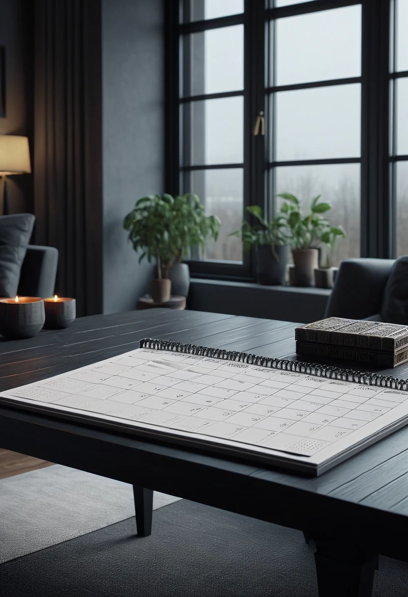 a calendar on a minimalist black table, living room, black, all black living room, gray, giant windows, detailed elegant calendar, ornate calendar, elegant calendar, minimalist interior, large windows, natural light, photorealistic, 8k, ultra-detailed, masterpiece, high quality, realistic, studio lighting, physically-based rendering, dramatic lighting, chiaroscuro, cinematic, moody, atmospheric