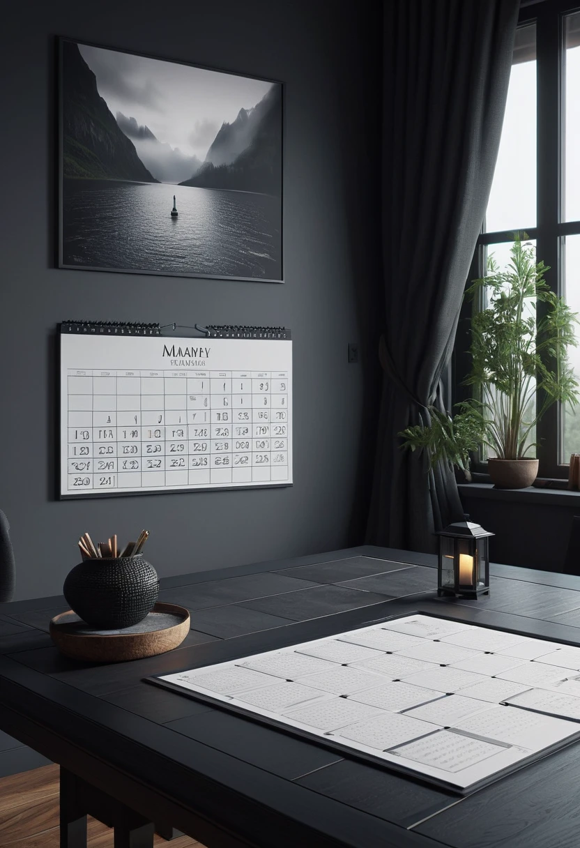 a calendar on a minimalist black table, living room, black, all black living room, gray, giant windows, detailed elegant calendar, ornate calendar, elegant calendar, minimalist interior, large windows, natural light, photorealistic, 8k, ultra-detailed, masterpiece, high quality, realistic, studio lighting, physically-based rendering, dramatic lighting, chiaroscuro, cinematic, moody, atmospheric