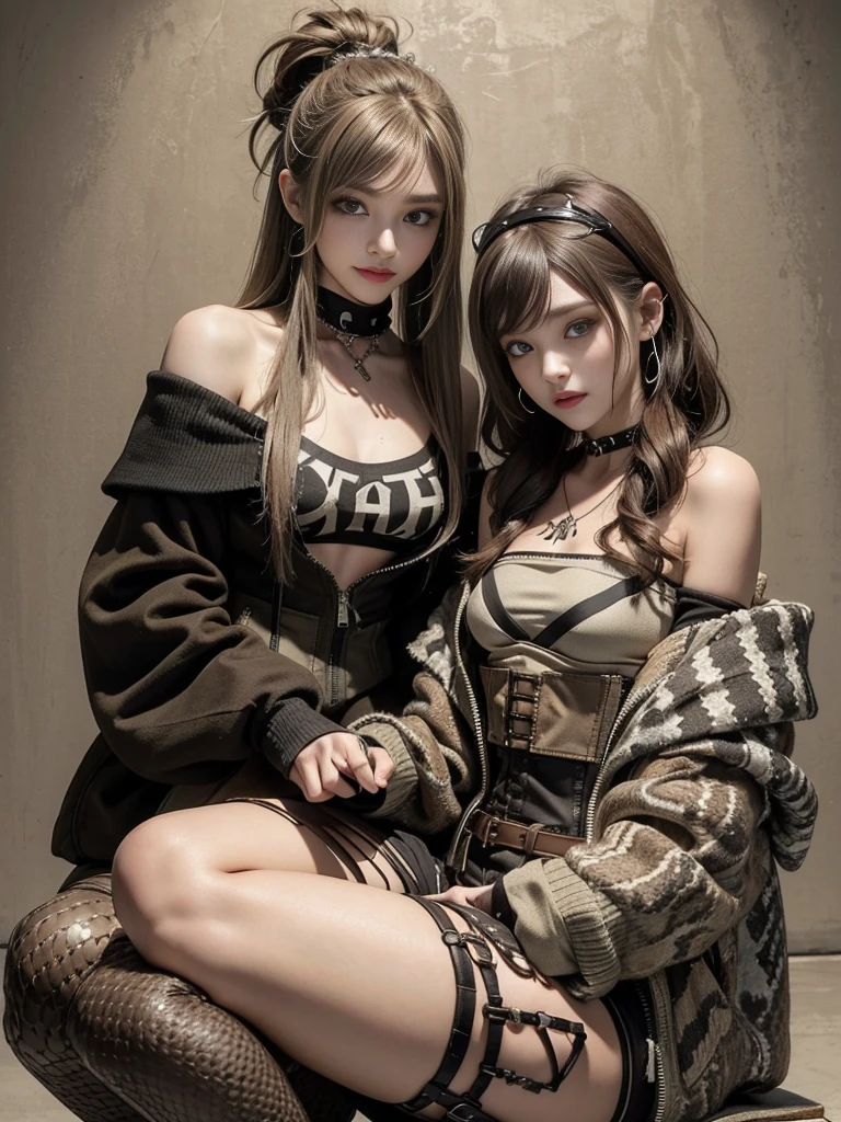 (Smiling with teeth showing:1.3),(Shibuya Gal:1.5)、(Beautiful:1.5)、(Neo-goth fashion:1.5)、(Punk RockVisual Kei:1.5)、(An off-the-shoulder hoodie in khaki and brown with delicate silver accessories.:1.5)、(A corset with a delicate beige and brown design:1.4)、(Dark grey, khaki and brown snakeskin bodysuit:1.5)、(Snake print headband:1.3)、(Beige and charcoal knee socks:1.4)、Embellished collar and long boots、(I'm selling snake print underwear.:1.4)、(Long eyelashes:1.3)、(20-year-old)、((Highest quality、8k、masterpiece:1.3))、1 Female、Slim and beautiful abs:1.3、(hairstyle casual、Beautiful boobs:1.1)、(Doing an aerobics pose:1.3)、dress:1.1、Super small face、Narrow eyes、double eyelid、A sloppy smile、Esbian all over、Dynamic Angle、Close-up、CPL Filter、Blurred Background、Bokeh、Blue Hour、Detailed face and skin texture、Detailed eyes、,(Twin tails:1.3)、(Black brown hair:1.3)、Gravure idol、(The background is a glamorous dance hall:1.3)、(Make your legs thinner:1.4)、(Slim body:1.3)、(clavicle:1.1)