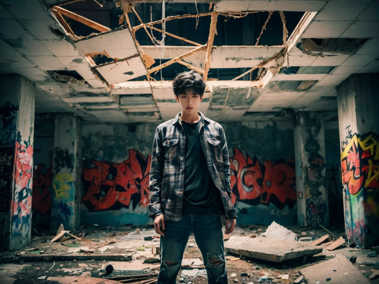 A striking cinematic portrait of a young Korean man standing amidst the decaying ruins of an abandoned building. The interior is filled with debris, broken ceiling tiles, and graffiti-covered walls that add a touch of vibrant color amidst the darkness. The man, dressed in a flannel shirt and torn blue jeans, gazes intensely at the camera with an air of mystery. The ceiling panel has fallen, revealing open cables and structural elements, while filtered light illuminates the room, casting irregular shadows. The atmosphere is dark and fantastical, evoking a sense of abandonment and intrigue., portrait photography, photo, graffiti, cinematic, dark fantasy, vibrant, illustration

