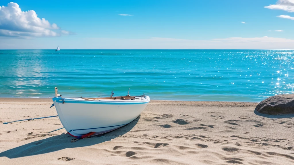 Blue sky，White Cloud，Sea，Sunlight，Beach，Seagull，sailboat，child