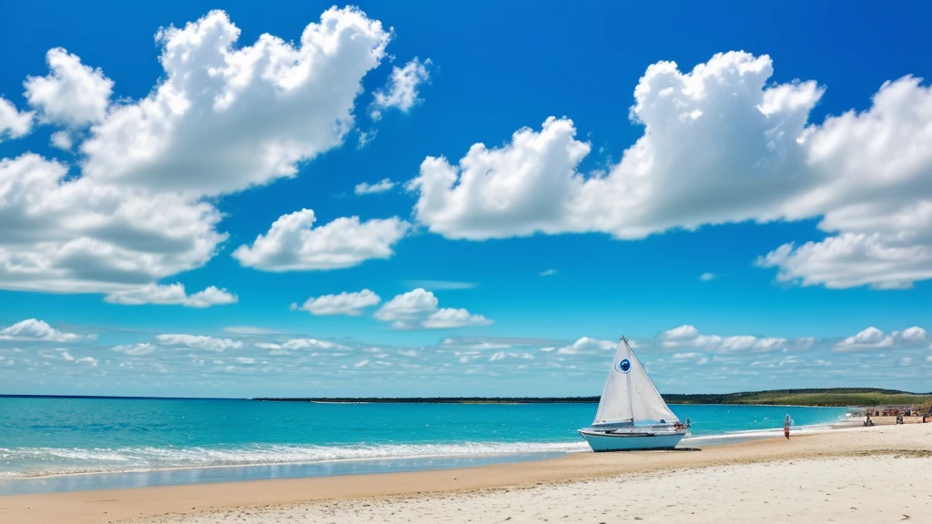 Blue sky,White Cloud,Sea,Sunlight,Beach,Seagull,sailboat,child