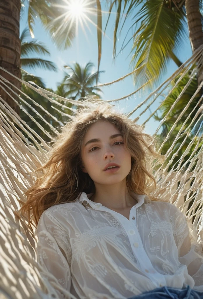 Extreme high angle shot, overhead shot of a woman with long hair laying in a hammock under coconut tree, in the style of yigal ozeri, anamorphic lens flare, bella kotak, video, close up, light beige and blue --ar 73:108 --stylize 750 --v 6