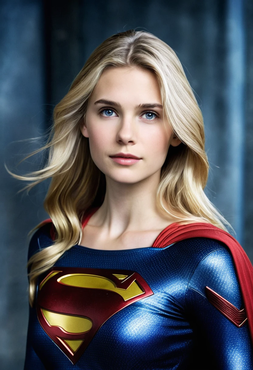 (((Gaia Weiss under the mantle of the Kryptonian Kara zor-The alias Supergirl Suit Man Of Steel Movie front images color images Splash Front Images Suit Man Of Steel Movie))),(((long blonde hair)))