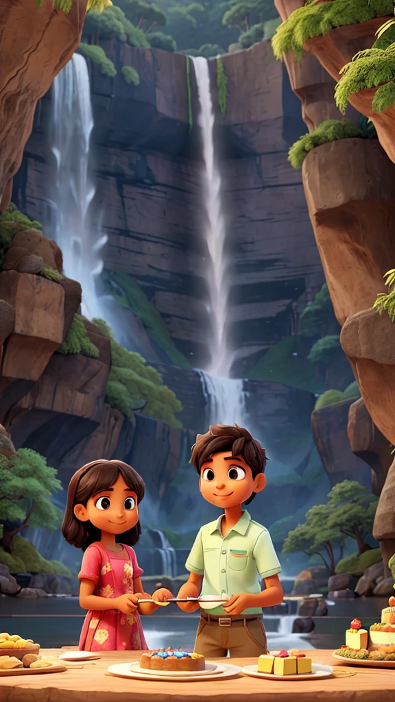 A man the name is Sagar his small sister architha, his small sister celebrating brother's birthday by cutting cake, the background is in the Nature full of waterfall, they warning teashirts print brother name is Sagar sister name is Architha, upon the cake write happy birthday Sagar 