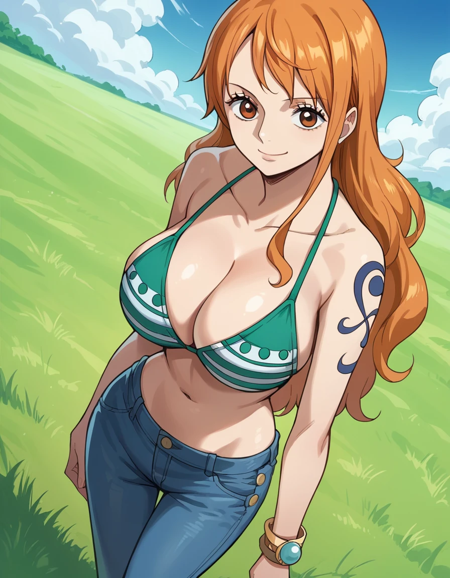 score_9, score_8_up, score_7_up, source_anime, best quality, clear face, Nami, orange hair, long hair, orange eyes, large breasts, perfect body, light blue bikini, jeans, standing, sky, grass, looking at viewer, smile, cleavage, dynamic angle