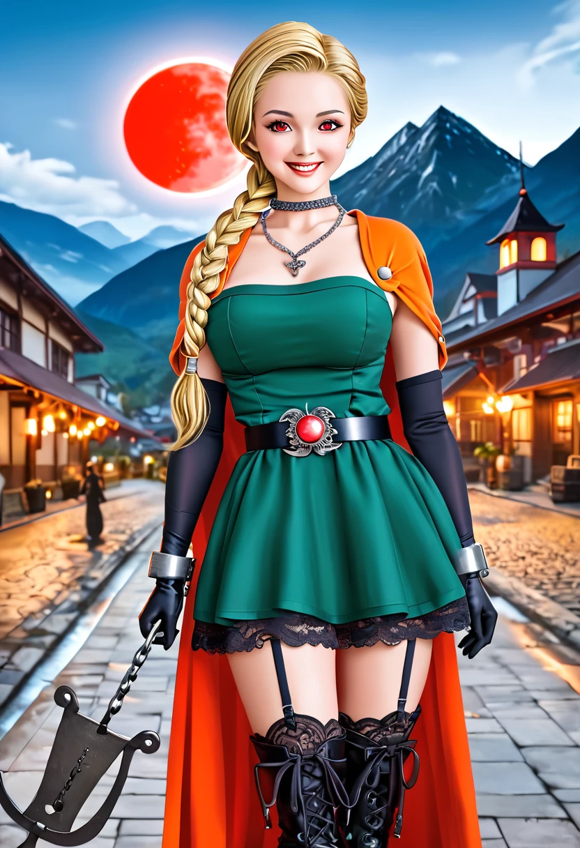 (High quality, masterpieces), One Japanese girl affectionately leaning against a gray sturdy stallione, Smiling, Blonde braid hair, Beautiful face, Red eyes, Horseshoe shaped necklace, Orange cape, Green mini dress, Wide belt with buckle, Long boots with high heel, Black lace long gloves, Black leather choker with a chain connected to a bit of the stallione, Shackles Hold a rein, black net stockings, garter belt, In a village deep in the mountains, midnight with red moon