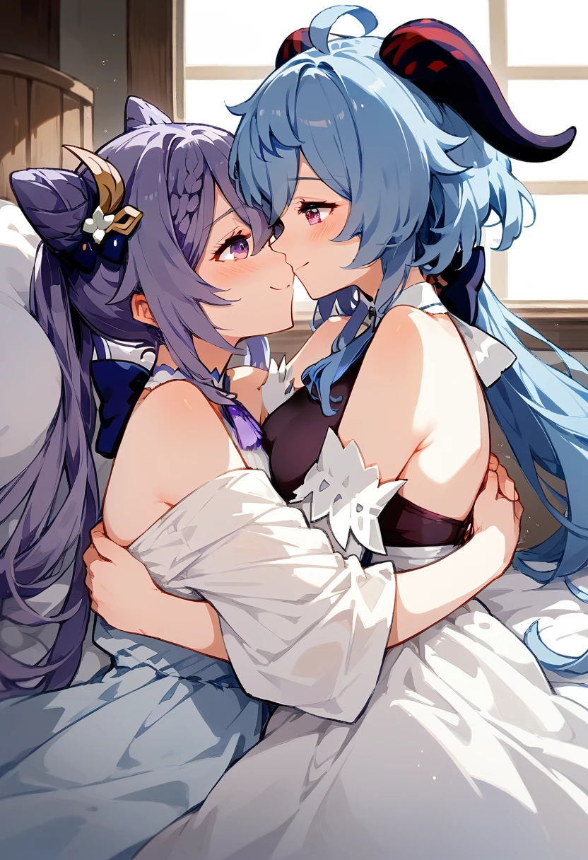 Genshin impact, 2 women, Yuri, keqing, ganyu, looking at each other, bed, blushing, smile, hug, romantic