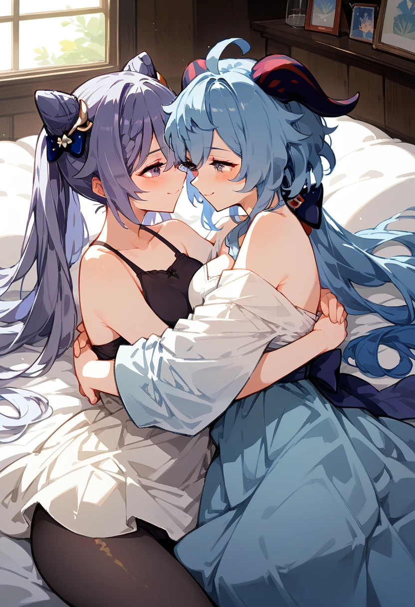 Genshin impact, 2 women, Yuri, keqing, ganyu, looking at each other, bed, blushing, smile, hug, romantic