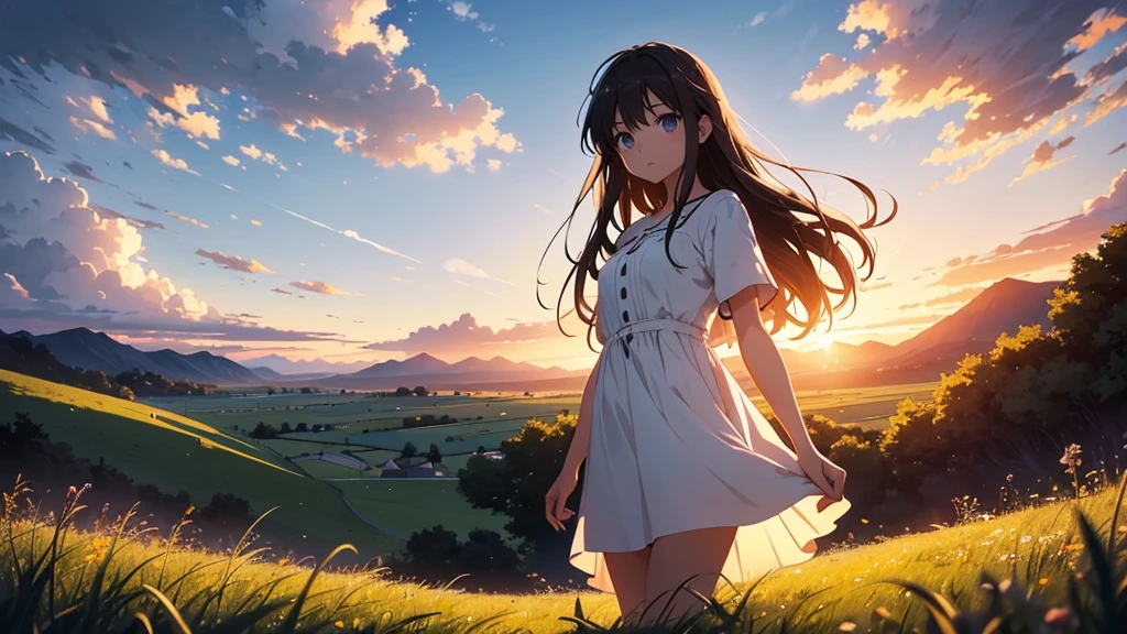 Vast landscape photography、grassland、(View from below、Shows the sky above and below)、High resolution、Highest quality、Very detailed、makoto shinkai、sunset、Girl in white dress looking sideways、College student with long brown hair、Lens blur
