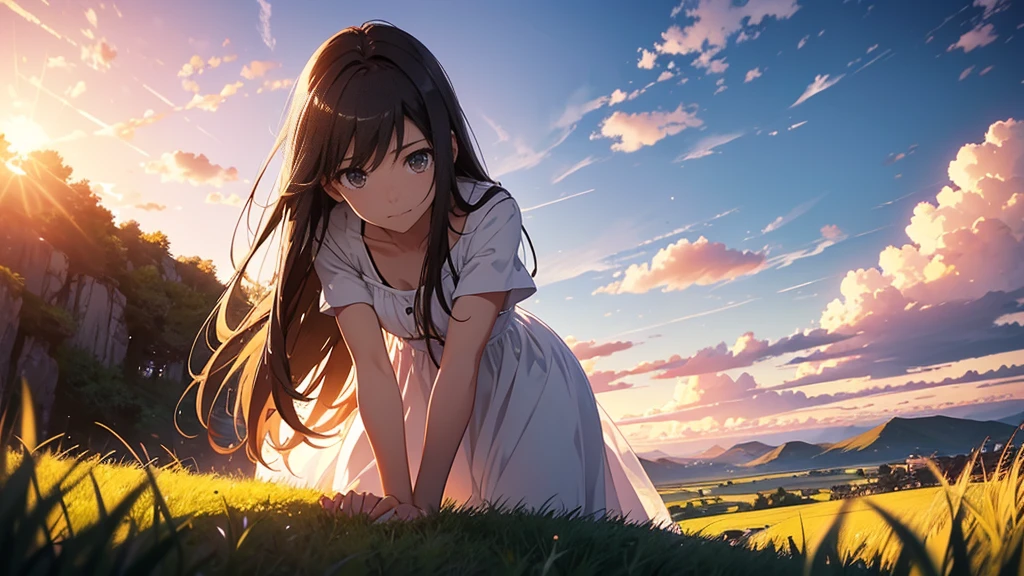 Vast landscape photography、grassland、(View from below、Shows the sky above and below)、High resolution、Highest quality、Very detailed、makoto shinkai、sunset、Girl in white dress looking sideways、College student with long brown hair、Lens blur