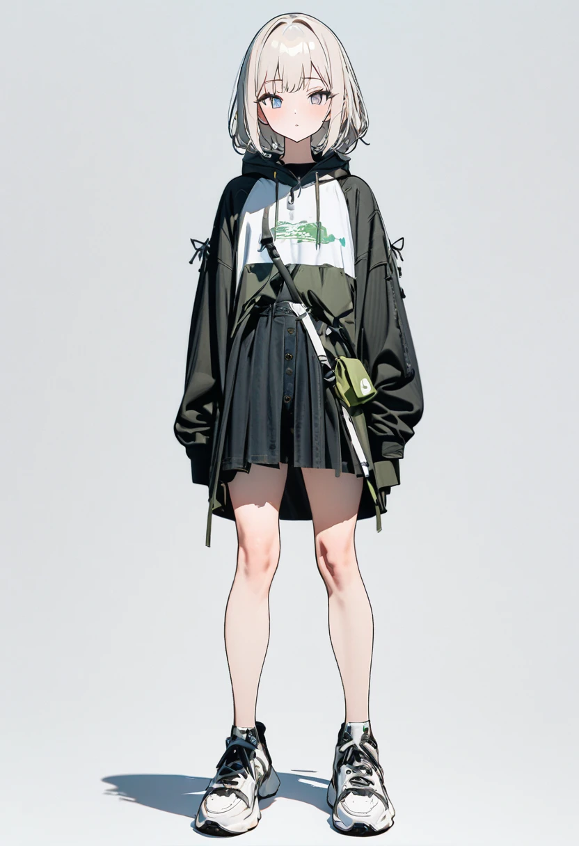 (Masterpiece, highest quality: 1.2, 8K), centered, full body, 1 girl, eco-friendly fashion, simple sneakers, simple background, pure white background #ffffff, eyes open, delicate eyes, 20 years old