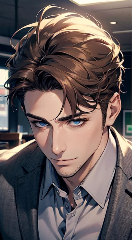 (best quality,4k,8k,highres,masterpiece:1.2),ultra-detailed,(realistic,photorealistic,photo-realistic:1.37),1 man,31 years old,mature man,very handsome,without expression,smile,short grey brown hair,blue eyes,penetrating gaze,perfect face without errors,imposing posture,businessman,office background,cinematic lighting,hdr image