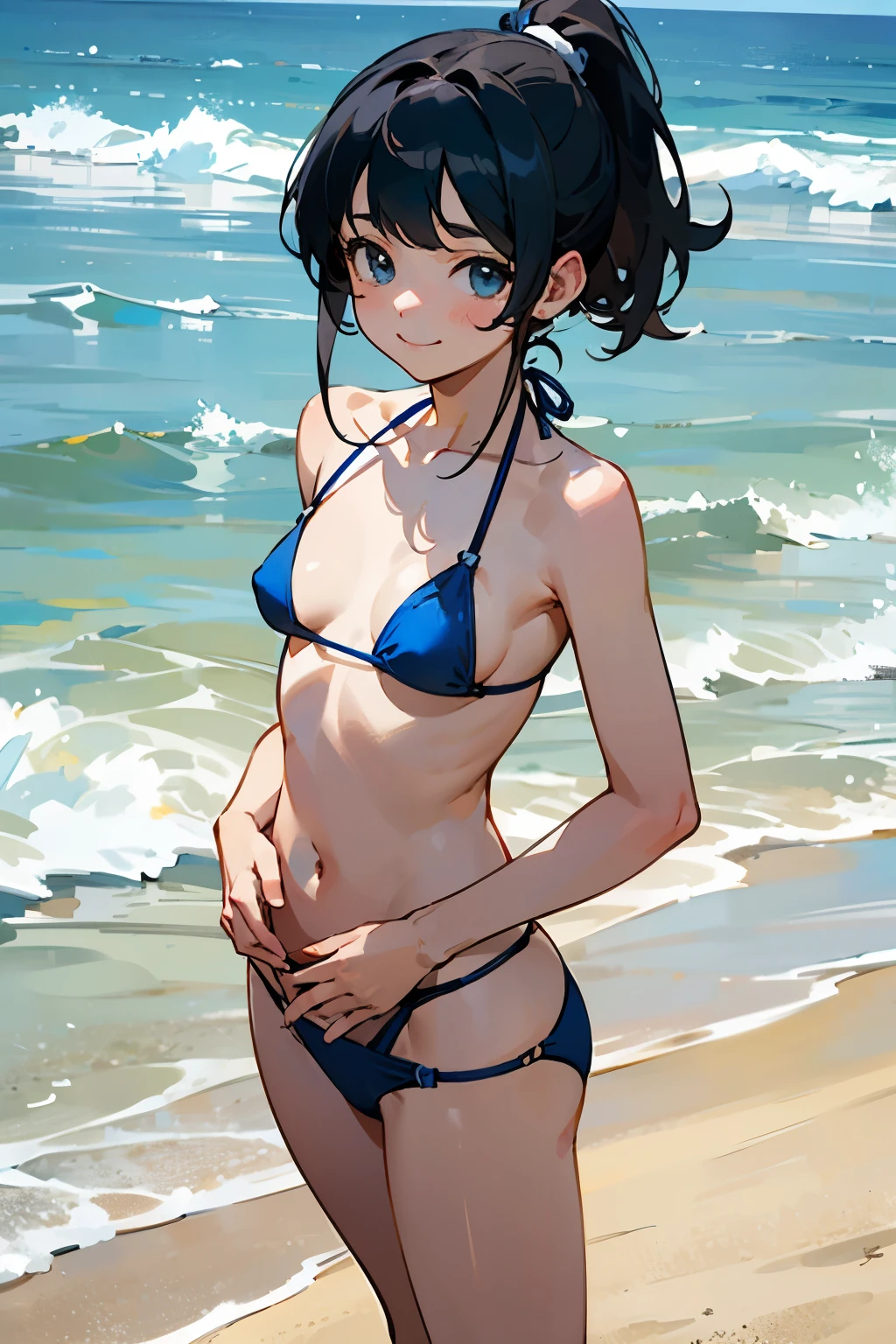 NSFW、In the best quality、Teenage girl standing on a sandy beach。In high resolution、Beautiful details、Quiet atmosphere。Black hair ponytail、Cute Smile.。Small breasts、Cute Blue Bikini。