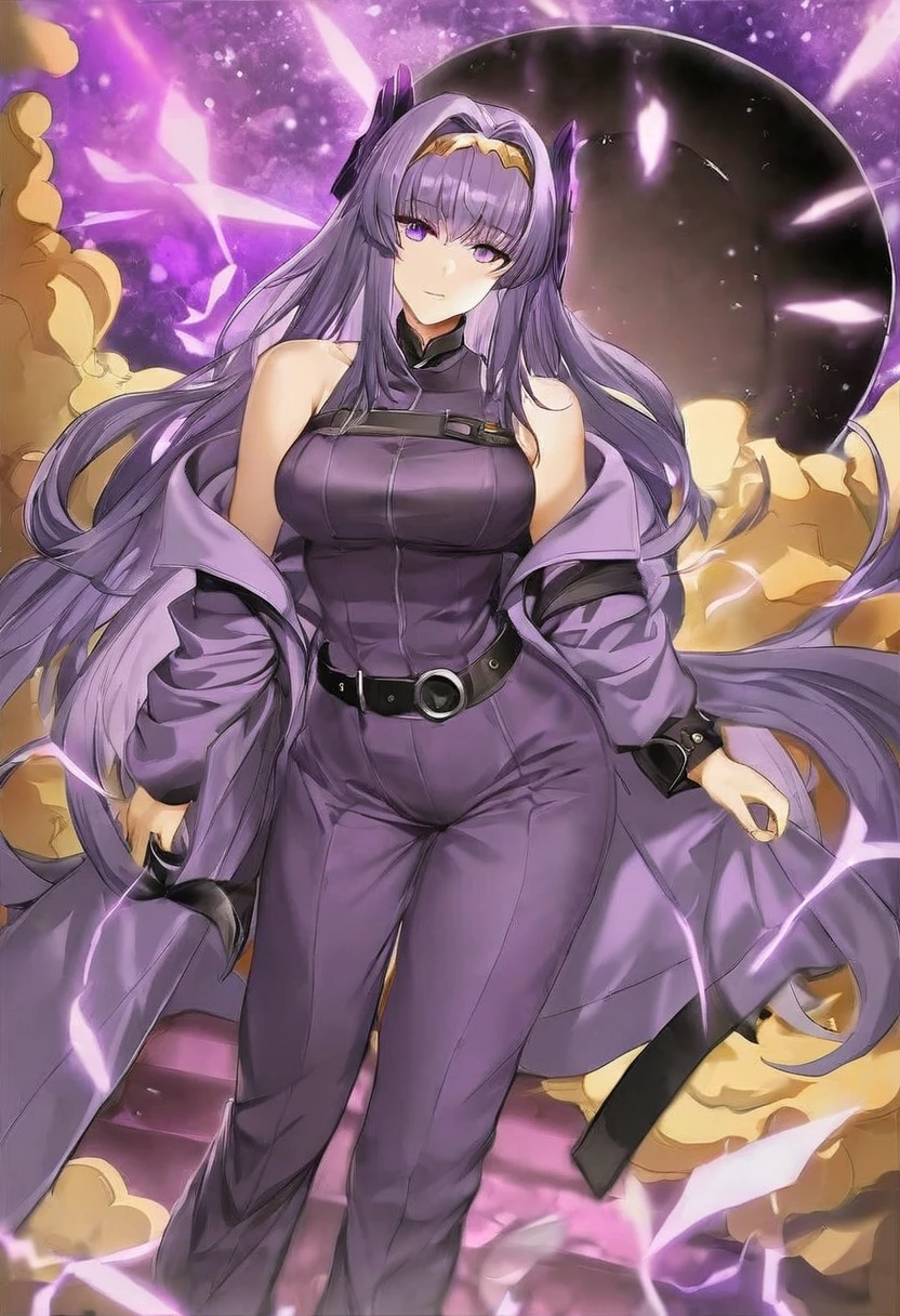 Athena,Purple one-way slightly messy long hair,Purple Eyes,Purple jumpsuit,But the jumpsuit is sexy,Wearing a sexy purple trench coat,barefoot,A black hole in the universe,Purple and black black hole,Draw a good look,Normal body proportions