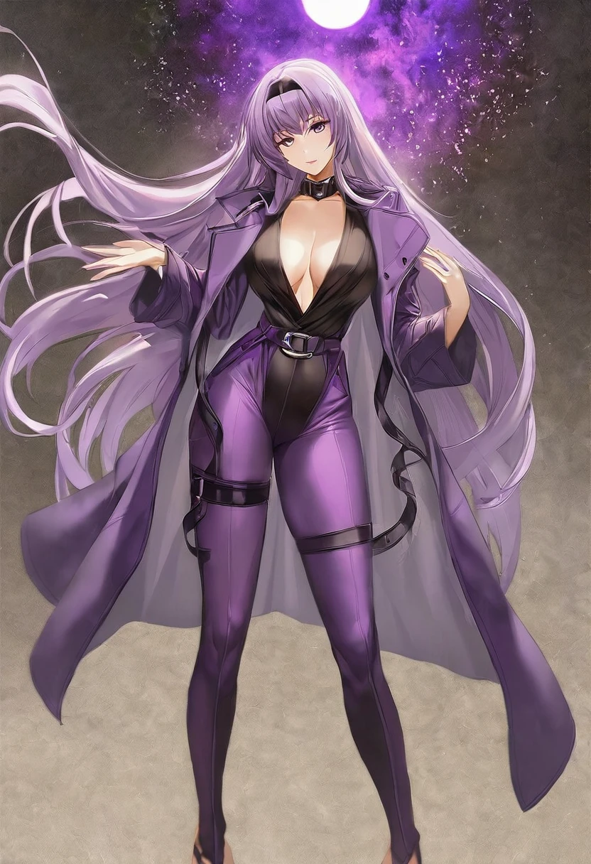 Athena，Purple one-way slightly messy long hair，Purple Eyes，Purple jumpsuit，But the jumpsuit is sexy，Wearing a sexy purple trench coat，barefoot，A black hole in the universe，Purple and black black hole，Draw a good look，Normal body proportions