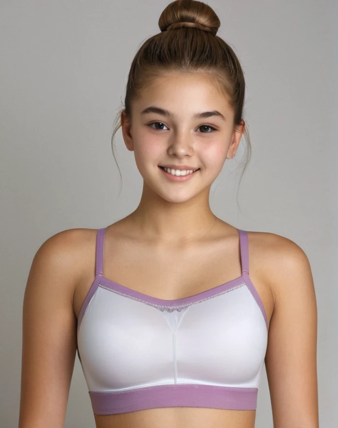  linda , r old,CTURE REALISTIC, high resolution photo, Light brown bun hair, adolescent, under wear