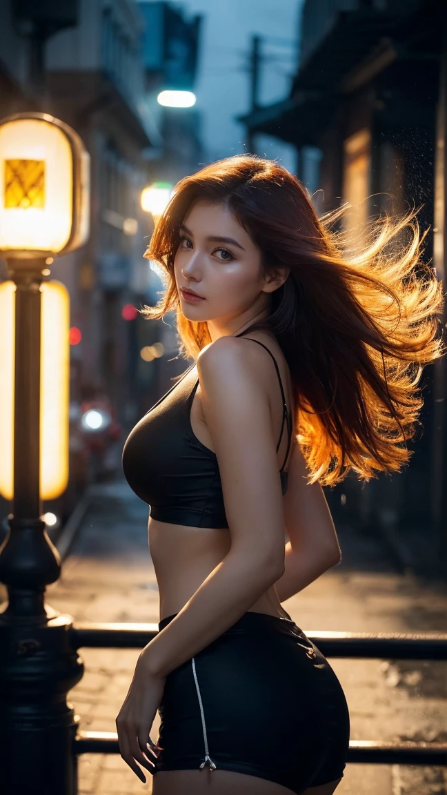 1 girl,standing alone,long red hair,rough skin,(gazing at viewer:1.2),hair wet,micro_shorts,tenebrosa,Polaróioff,(profundidaoff_off_fild:1.5),rainy days,plein-air,Street,hair between the eyes,moody lighting,Tyndall effect,cinematic lighting,natta,poste off iluminação,reflexo off lente,available light,luz off aro,Luzes off néon brilhantes,curved,Chinese_styled,