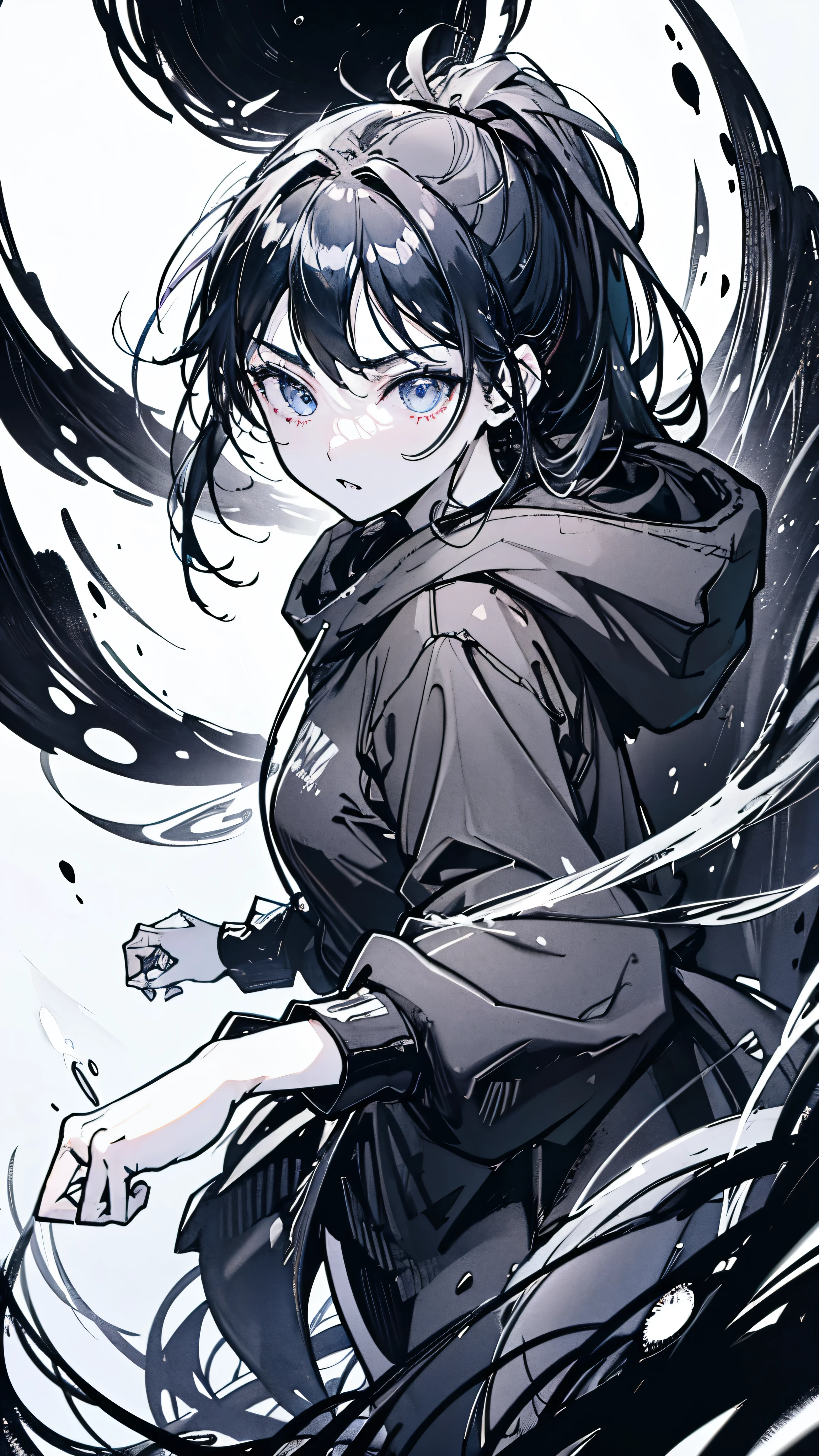 Scratch Art、girl、Oversized hoodie、Fighting Pose, long hair, ponytail, tsurime, eyeball, skin fang, UHD, best quality, highres, 8k