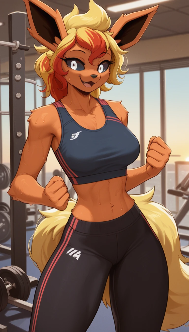 Excited expression, 1girl, anthro, furry, fur, fluffy fur, flareon girl, yellow hair (red highlights), black sclera, white eyes, pony tail hair, Messy hair, (19 years), medium breast, thicc thighs, solo, (gym), sunset, detailed, smug smile, sports top, sport pants, sweating, score_9, score_8_up, score_7_up, score_6_up, score_5_up, score_4_up