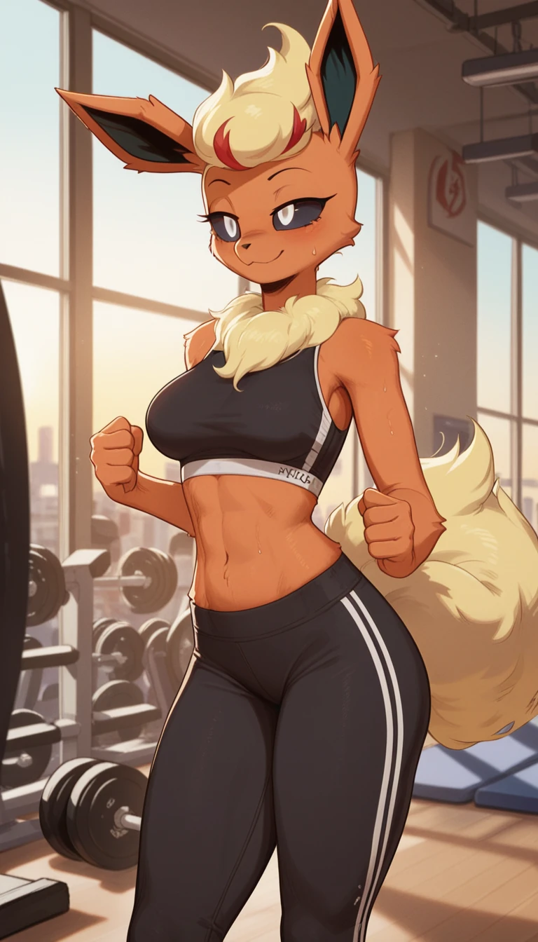 Excited expression, 1girl, anthro, furry, fur, fluffy fur, flareon girl, yellow hair (red highlights), black sclera, white eyes, pony tail hair, Messy hair, (19 years), medium breast, thicc thighs, solo, (gym), sunset, detailed, smug smile, sports top, sport pants, sweating, score_9, score_8_up, score_7_up, score_6_up, score_5_up, score_4_up