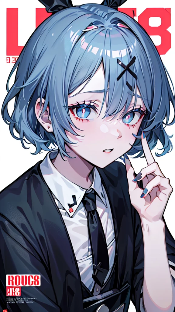 ((1boy)), (Boy Messy Japanese Round Haircut for Thick Hair), (blue nails), (blue hair), black shorts, ((solo)), (magazine:1.3), (cover-style:1.3),  simple background, hair ornament, blue hair, rabbit ears, playboy bunny, bangs, leotard, blue eyes, x hair ornament, detached collar score_9, score_8_up, score_7_up, best quality, masterpiece, 4k, perfect lighting, very aesthetic, GOTH GIRL, (red pupils with X shape:1), x-shaped pupils, Ultra-detail,(highres:1.1),best quality,(masterpiece:1.2), cinematic lighting, (detailed face and eyes:1.2), 