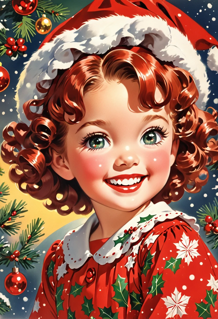 A of 4 years old with red shirley temple curley hair. Wearing a cute christmas dress, with a wolfish wild grin on her face, with wild glint in her eyes.
