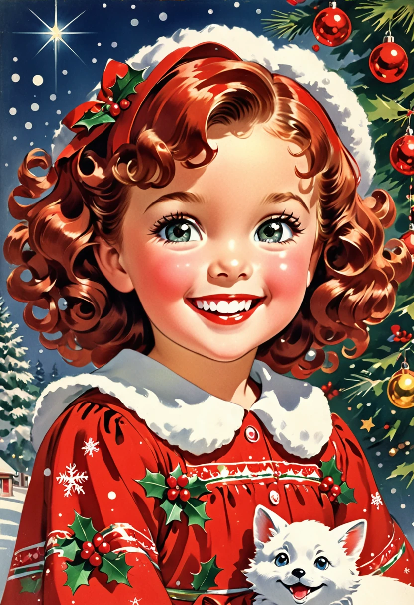 A of 4 years old with red shirley temple curley hair. Wearing a cute christmas dress, with a wolfish wild grin on her face, with wild glint in her eyes.