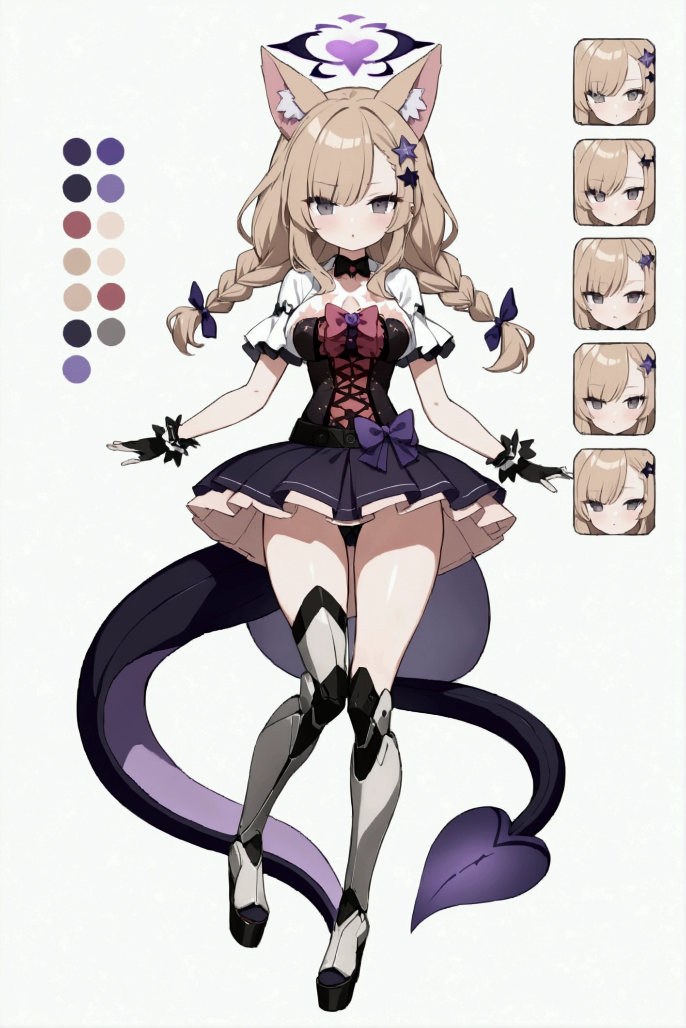 woman 170 cm tall, medium chest, wide hip, slim build, charming look, ((whole body)), (((character design sheet: front view))), (dark blonde hair, ((hip length wavy hair, asymmetrical bangs, star hairpin)), (She has a short braid tied with an elegant purple ribbon on the left side of her hair above her chest), (She has a short braid tied with an elegant purple ribbon on the right side of her hair above her chest), She has small hair bows in the back of her hair), ((Gray eyes with a pink 4-pointed star in the pupil)), (Two black and purple fox ears located on the top of the head), (Luminous black horizontal halo with purple star patterns above head), He has a black collar with a heart emblem on his neck., (Elegant long one piece dress, Thigh-length lace and ruffle skirt, large bow at the back of the hip, ribbon decorations and star patterns on the dress), black ruffled gloves, Black platform heels, gray belt at the waist with a large ribbon with a luminous pink heart in the middle, ((It has a detailed succubus tail that ends in the shape of a purple heart)), (((It has complex mechanical legs that reach up to the thighs and are black with small purple details.))), beautiful detailed hair, beautiful detailed dress, extremely detailed arms, extremely detailed face, small face, Beautiful detailed eyes, beautiful detailed lips, adorable, extremely detailed legs, (Best Quality, 4k, high resolution), ultra detailed, Exquisite and epic character art, ((White background)), (Focus on symmetry).