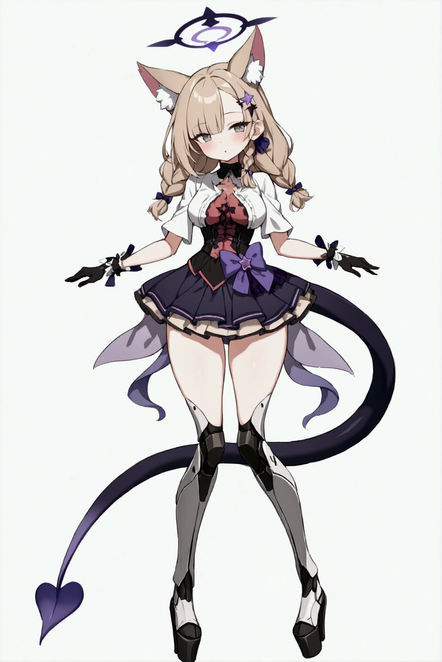 woman 170 cm tall, medium chest, wide hip, slim build, charming look, ((whole body)), (((character design sheet: front view))), (dark blonde hair, ((hip length wavy hair, asymmetrical bangs, star hairpin)), (She has a short braid tied with an elegant purple ribbon on the left side of her hair above her chest), (She has a short braid tied with an elegant purple ribbon on the right side of her hair above her chest), She has small hair bows in the back of her hair), ((Gray eyes with a pink 4-pointed star in the pupil)), (Two black and purple fox ears located on the top of the head), (Luminous black horizontal halo with purple star patterns above head), He has a black collar with a heart emblem on his neck., (Elegant long one piece dress, Thigh-length lace and ruffle skirt, large bow at the back of the hip, ribbon decorations and star patterns on the dress), black ruffled gloves, Black platform heels, gray belt at the waist with a large ribbon with a luminous pink heart in the middle, ((It has a detailed succubus tail that ends in the shape of a purple heart)), (((It has complex mechanical legs that reach up to the thighs and are black with small purple details.))), beautiful detailed hair, beautiful detailed dress, extremely detailed arms, extremely detailed face, small face, Beautiful detailed eyes, beautiful detailed lips, adorable, extremely detailed legs, (Best Quality, 4k, high resolution), ultra detailed, Exquisite and epic character art, ((White background)), (Focus on symmetry).