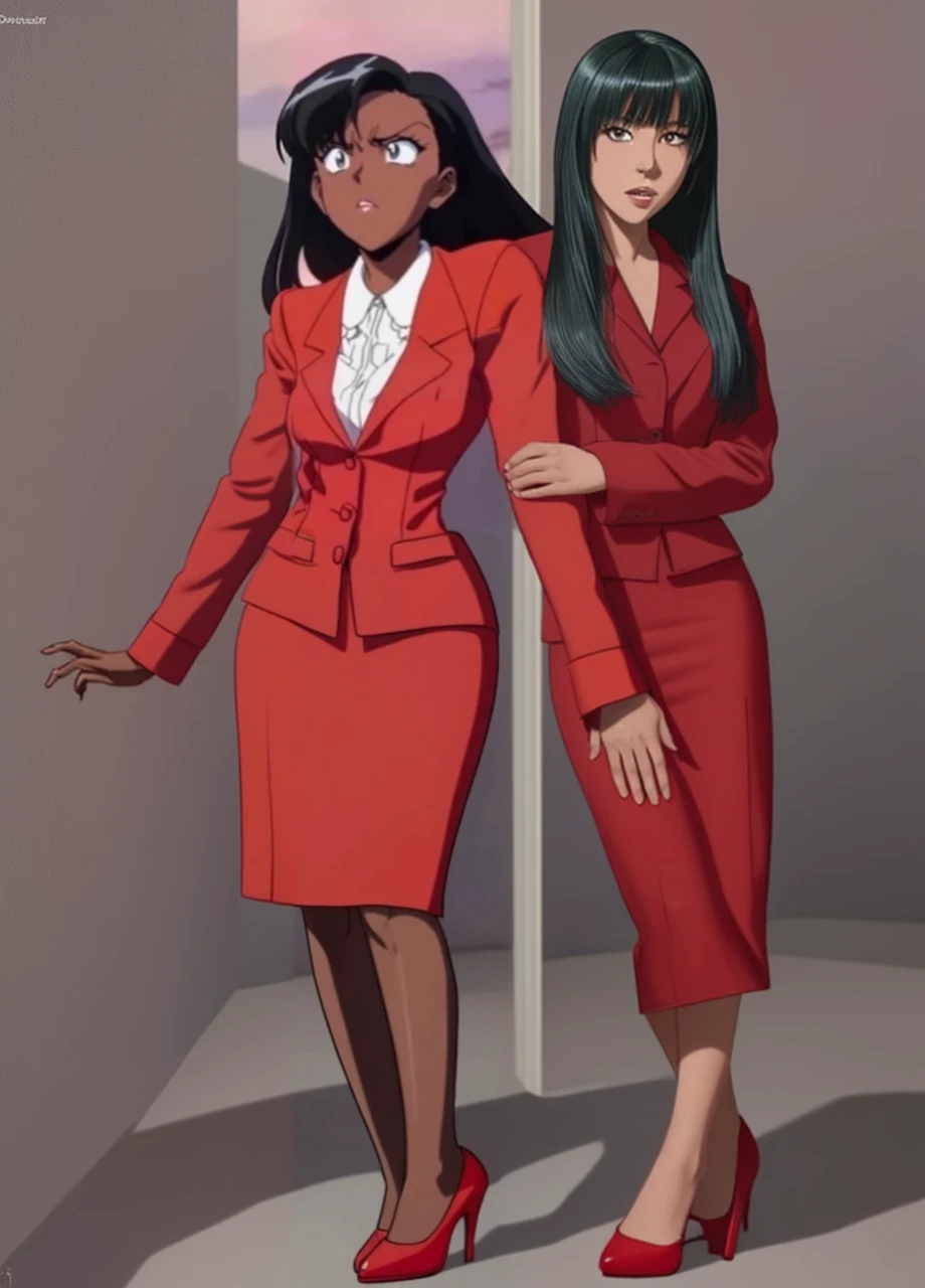 90s anime Evil black skinned business woman in a red suit and long red skirt and red heels and long red sleeves 