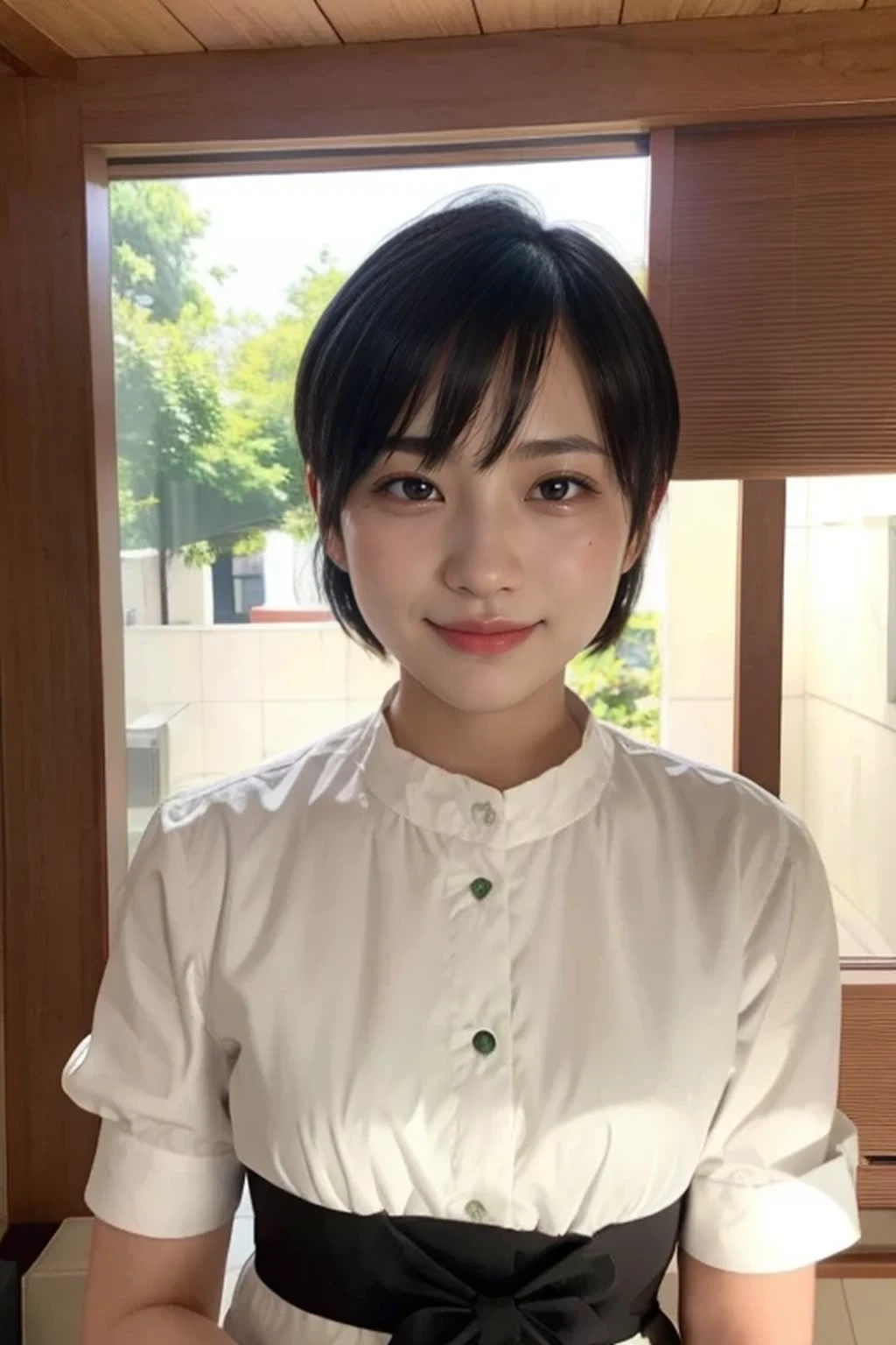 (Subdued lighting effect:1.3), 8k, RAW photo, best quality, masterpiece, realistic, photo-realistic, clear, beautiful face, no makeup, best quality, ultra high res, BREAK, Japanese cute girl, , (short cut hair:1.2), smile, BREAK, standing, BREAK, (starbucks:1.3), (black eyes, black hair:1.2)