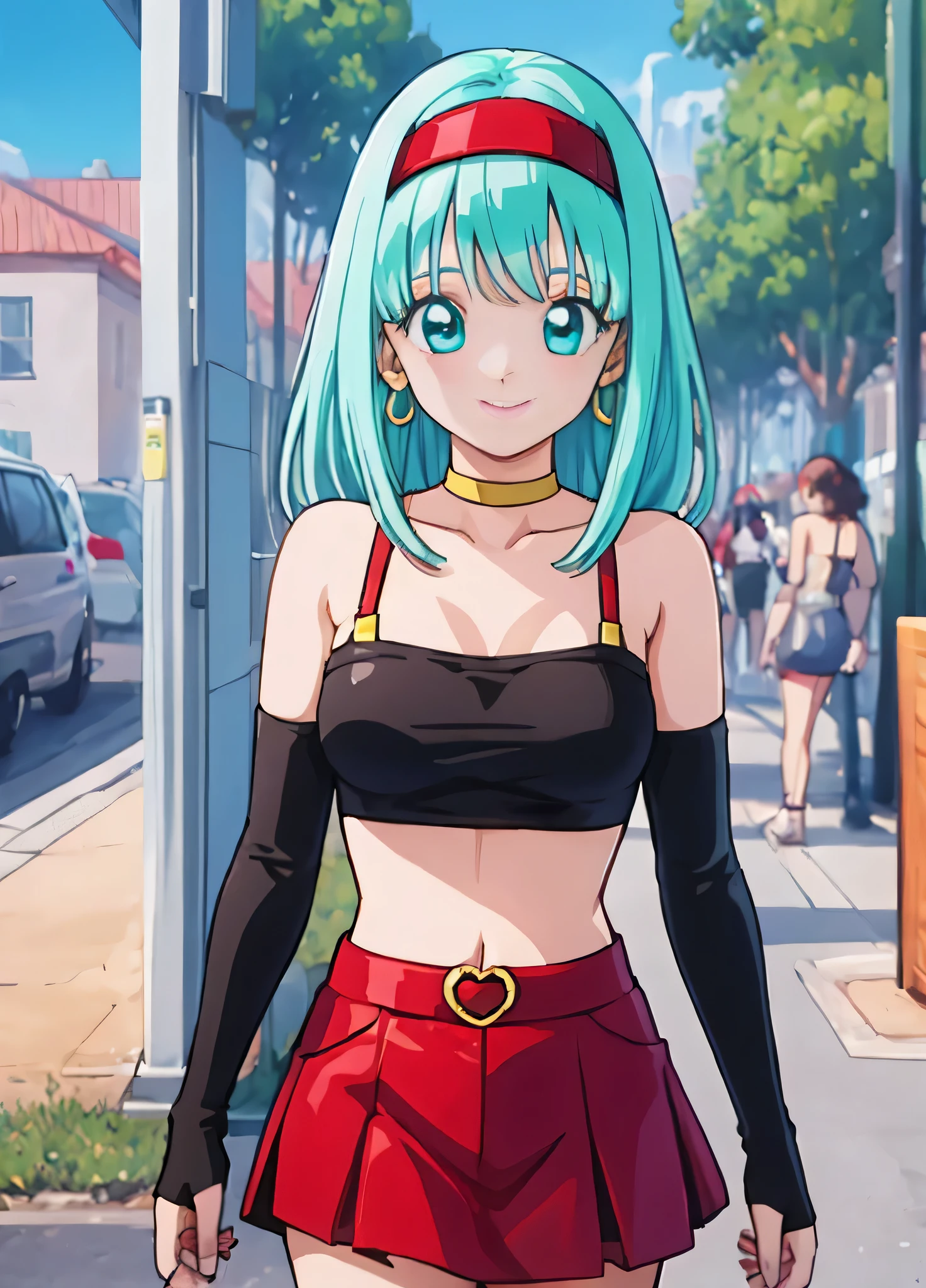 masterpiece, best quality, best quality, lifelike, perfect anatomy, perfect face, perfect eyes, aqua hair, brabladbgt, red headband, red gloves, Red cropped top, blue eyes, skirt, hoop earrings, collar, 1 girl, outdoor, sexy pose, smile