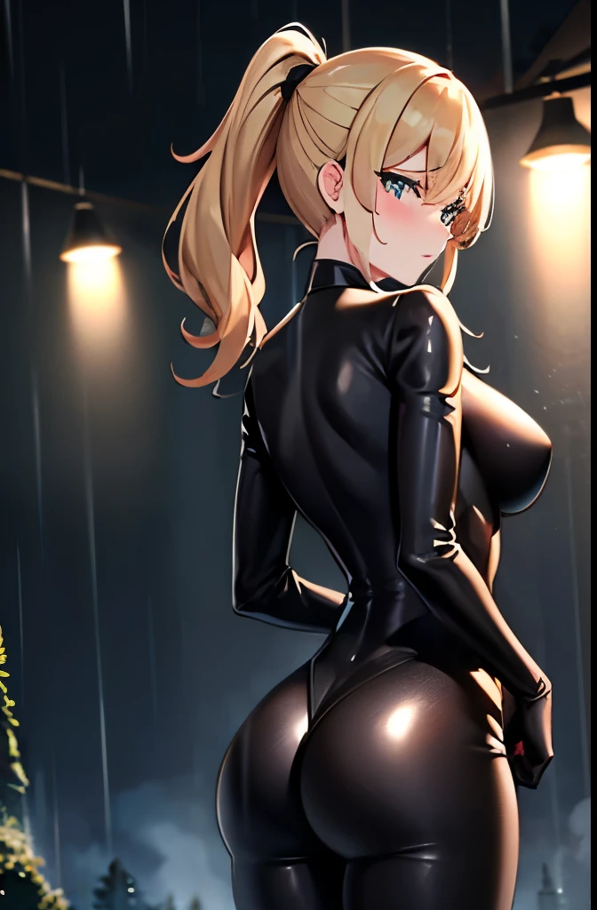 Blonde,ponytail,Black tight suit,blue eyes,Large Breasts,Slender,Serious face,blush,rain,lamp,forest,night,Backwards,back,Butt